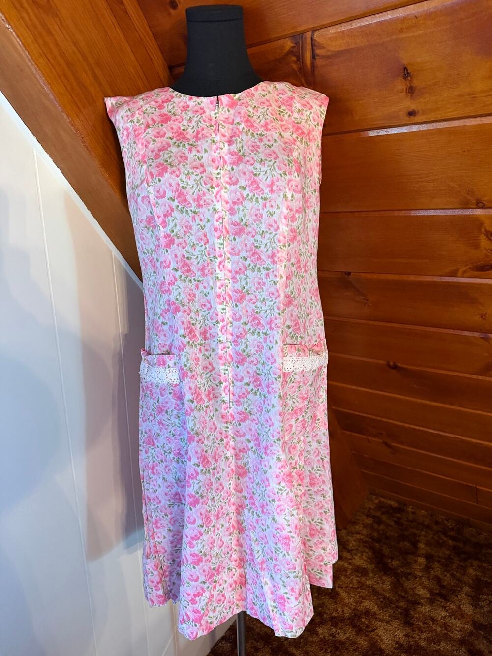Vintage 60s Shaker Square by Bill Sims Pink Floral Cotton Shift House Dress sz L
